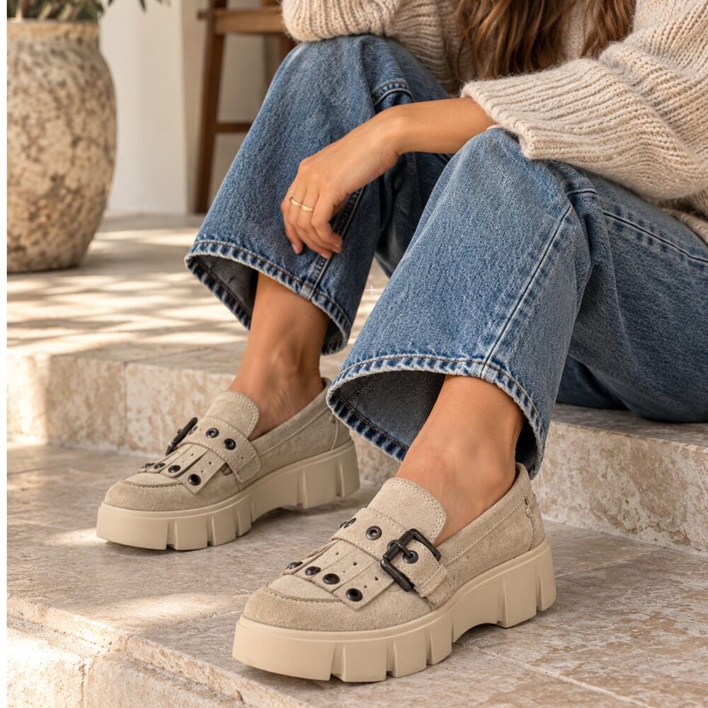 Geox D Ghoula Suede Chunky Platform Loafers Studded Buckle Beige EU 39 US 9